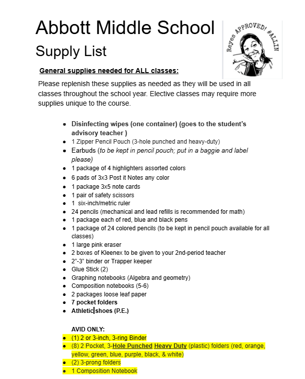 ENG School Supply List